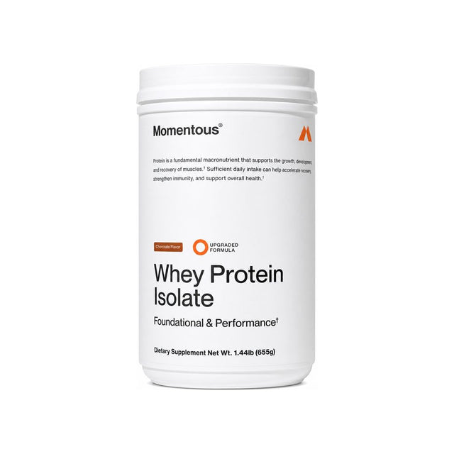 Momentous Whey Protein Isolate Chocolate 1.44 lb tub front packshot