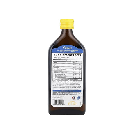 Carlson The Very Finest Fish Oil Lemon supplement facts panel listing ingredients and serving size