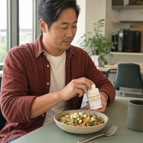 Integrative Therapeutics Similase Lipo bottle on kitchen counter near a prepared meal