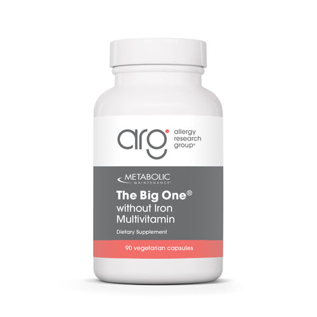 Metabolic Maintenance The Big One without Iron Multivitamin 90 vegetarian capsules, white bottle with gray and coral Allergy Research Group label