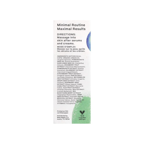 Mad Hippie Antioxidant Facial Oil ingredients panel listing directions, ingredients, and size