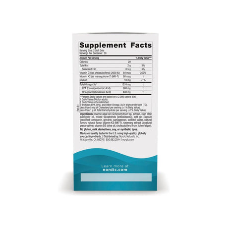 Nordic Naturals Ultimate Omega Plant-Based with D3+K2 supplement facts panel with dosage and ingredients