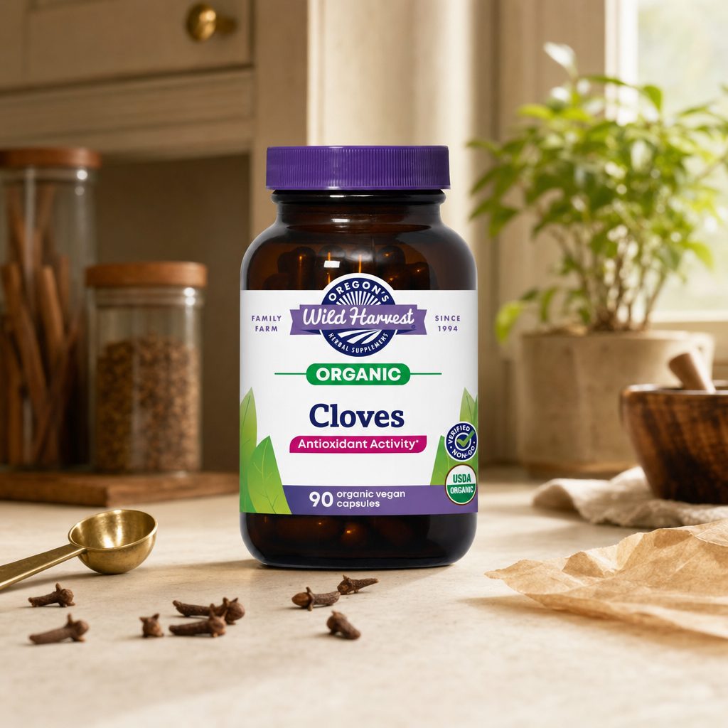 Oregon's Wild Harvest Cloves 90 capsules bottle side label with suggested use details