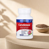 Enzymedica Candidase 42 Capsules on a clean kitchen counter with a glass nearby