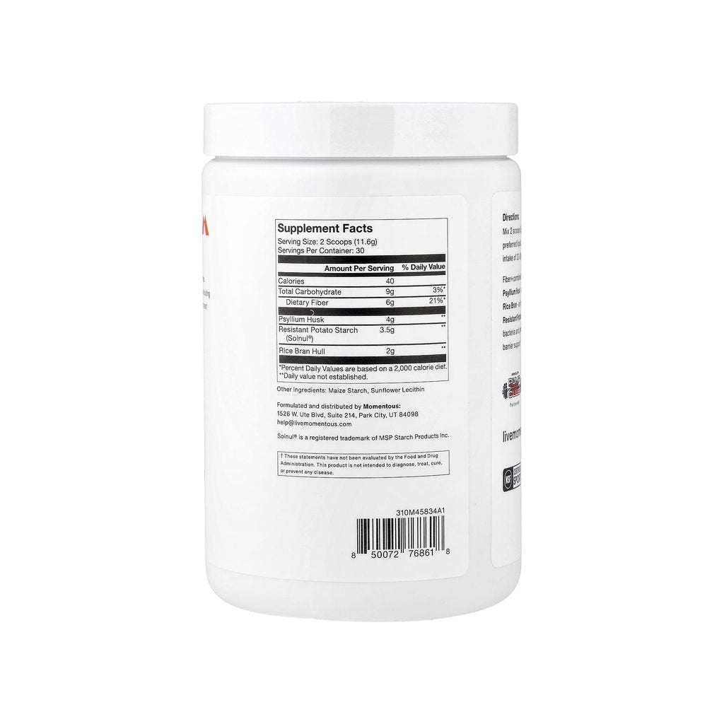 Momentous Fiber+ Powder supplement facts panel listing ingredients, dosage, and serving size