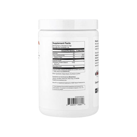 Momentous Fiber+ Powder supplement facts panel listing ingredients, dosage, and serving size
