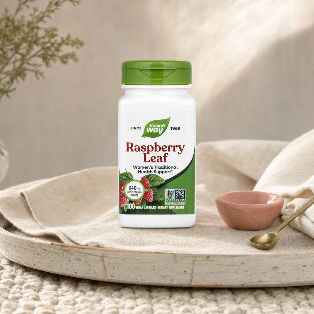 Nature's Way Raspberry Leaf 100 Vegan Capsules bottle on a clean kitchen counter