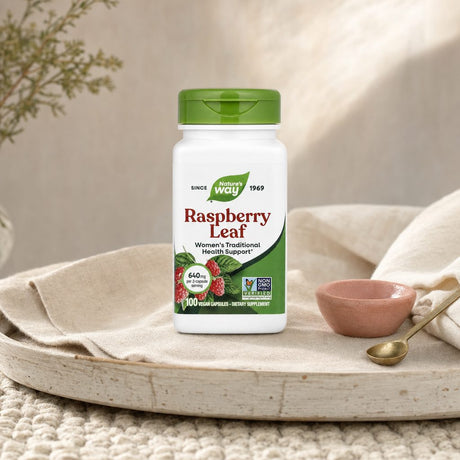 Nature's Way Raspberry Leaf 100 Vegan Capsules bottle on a clean kitchen counter