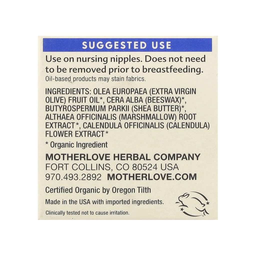 Motherlove Nipple Cream ingredients panel listing organic oils, beeswax, herbs, and directions