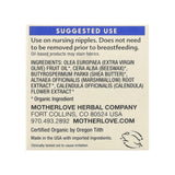Motherlove Nipple Cream ingredients panel listing organic oils, beeswax, herbs, and directions