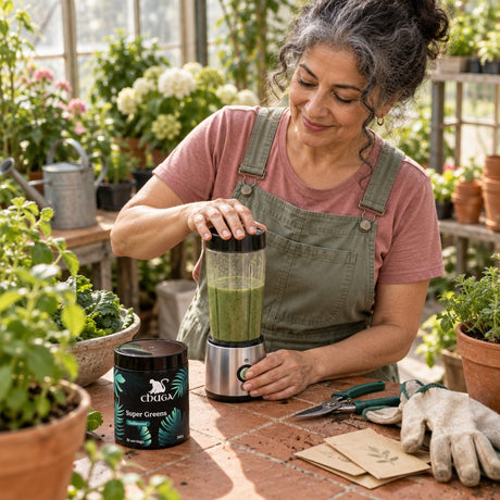 Chuga Super Greens jar on a greenhouse table while a woman blends a green smoothie