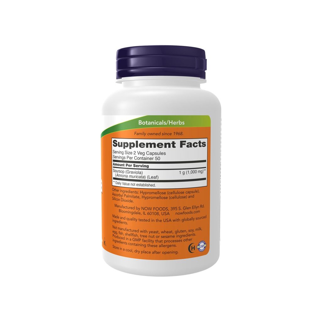 NOW Foods Graviola Capsules supplement facts panel listing ingredients, dosage, and serving size
