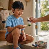 Child at a breakfast table beside Carlson Kid's Super Daily D3 + K2 drops