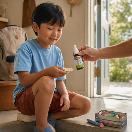 Child at a breakfast table beside Carlson Kid's Super Daily D3 + K2 drops