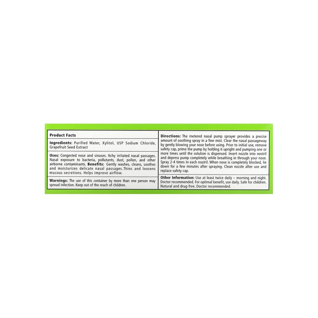 Xlear Xylitol & Saline Nasal Spray product facts panel listing ingredients and directions