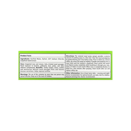 Xlear Xylitol & Saline Nasal Spray product facts panel listing ingredients and directions
