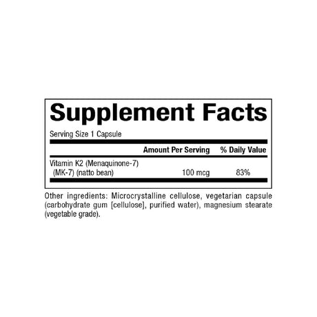 BioClinic Naturals Vitamin K2 Capsules supplement facts panel listing ingredients and serving size