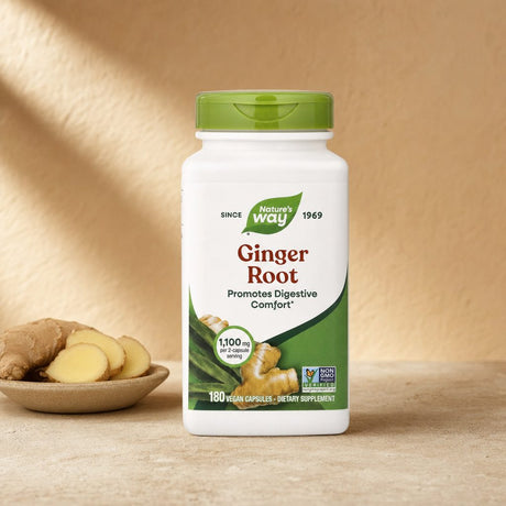 Nature's Way Ginger Root 180 capsules bottle angled to show label details and capsule count