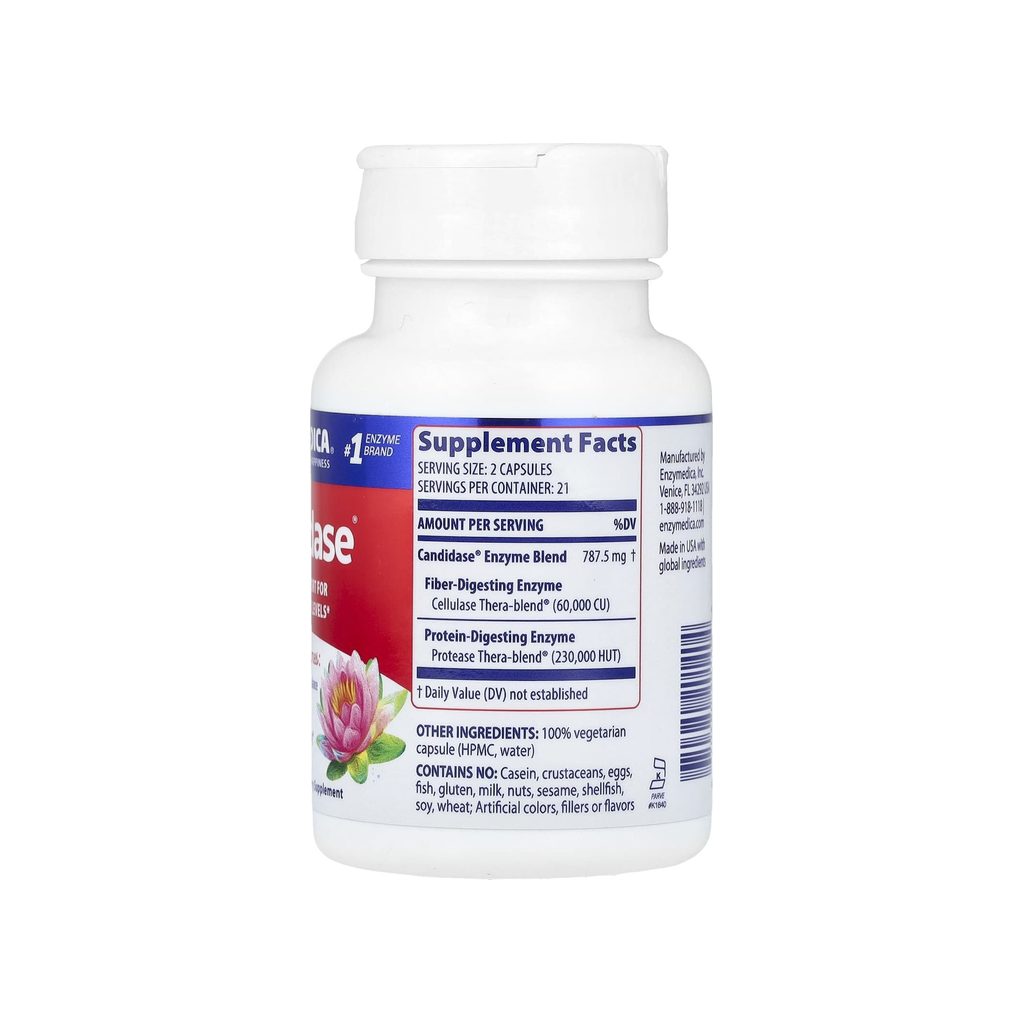 Enzymedica Candidase 42 Capsules supplement facts panel listing ingredients, dosage, and serving size
