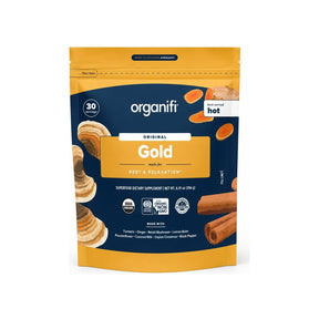 Organifi Gold pouch front label with original flavor nighttime superfood drink mix