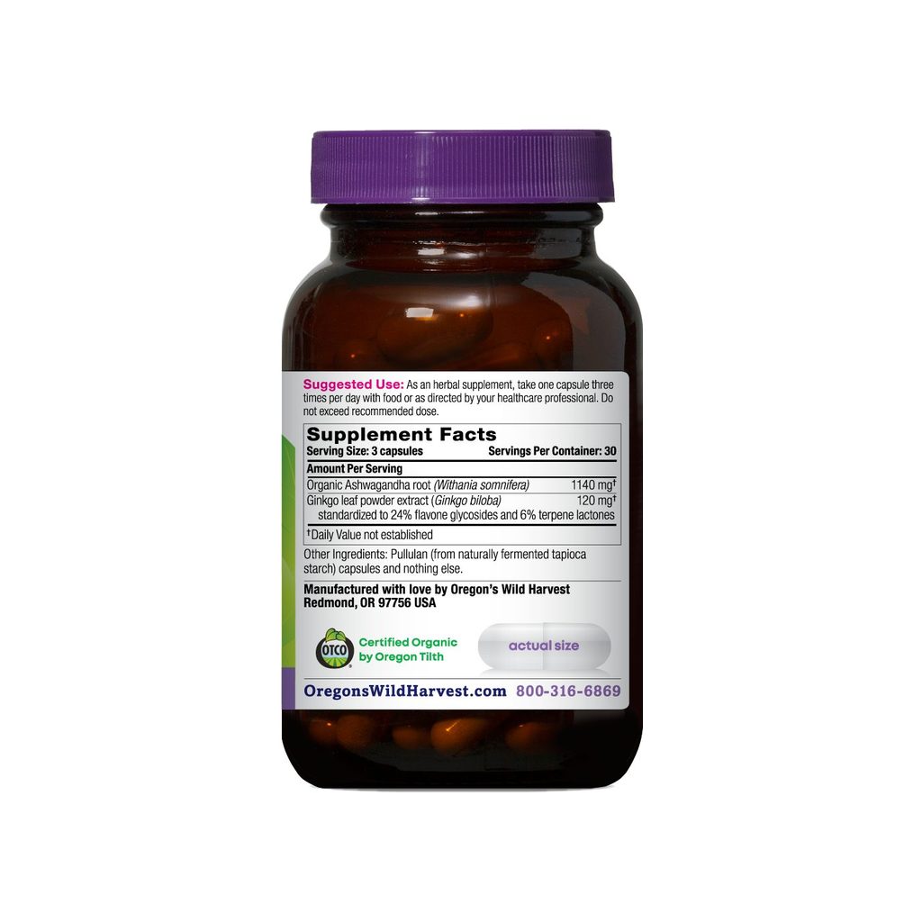Oregon's Wild Harvest Ashwagandha Ginkgo supplement facts panel listing ingredients and serving size