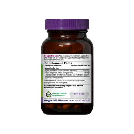 Oregon's Wild Harvest Ashwagandha Ginkgo supplement facts panel listing ingredients and serving size
