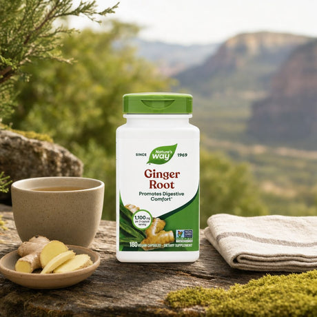 Nature's Way Ginger Root 180 capsules bottle showing vegan capsule and digestive support label details