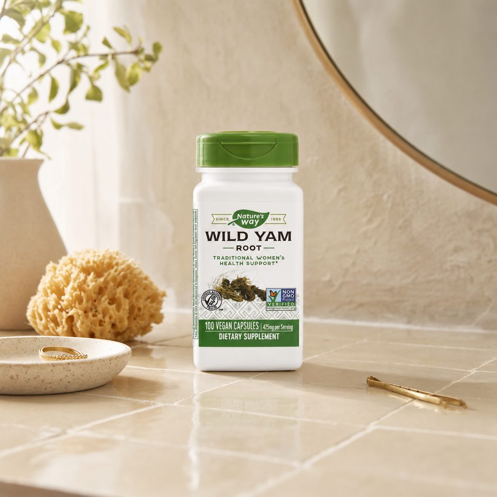 Nature's Way Wild Yam Root 425 mg bottle showing side label and quality badges