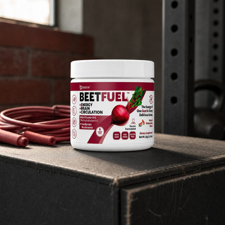 Bionox BeetFuel Powder product graphic highlighting the watermelon-flavored beetroot formula