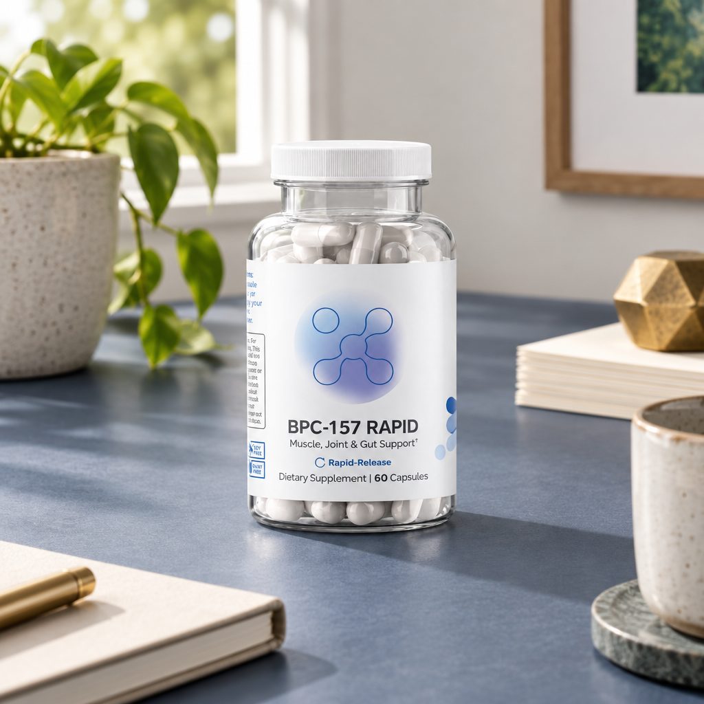 InfiniWell BPC-157 Rapid capsule bottle on a desk by a window