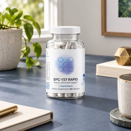 InfiniWell BPC-157 Rapid capsule bottle on a desk by a window