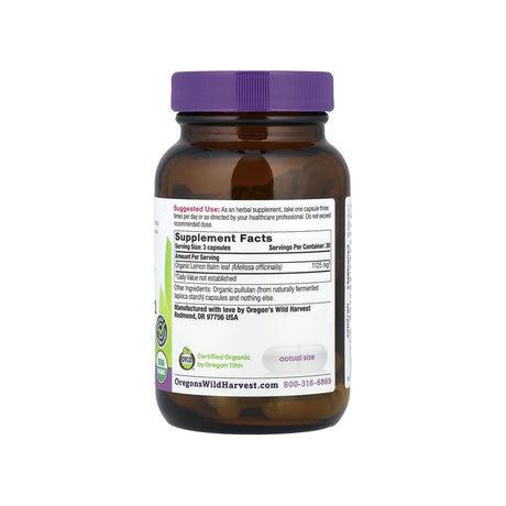 Oregon's Wild Harvest Lemon Balm supplement facts panel listing ingredients, dosage, and serving size