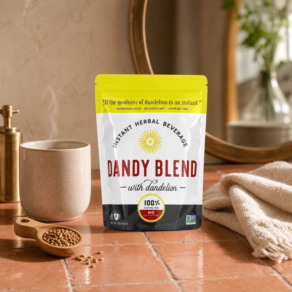Dandy Blend Instant Herbal Beverage pouch with prepared hot coffee-style drink