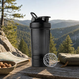 BlenderBottle ProStak 22oz Black front view showing stacked storage compartments and bottle