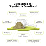 A scoop of green powder displayed on a bright yellow background, surrounded by text bubbles describing benefits like natural energy, probiotics, powerful antioxidants, adaptogens, and support for healthy digestion and immune response.