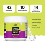 A promotional image featuring the Lively Greens container with key highlights like "42 Superfoods," "10 Probiotic Strains," and "14 Powerful Antioxidants." Includes details about adaptogen blends, digestive support, and focus and memory blend.