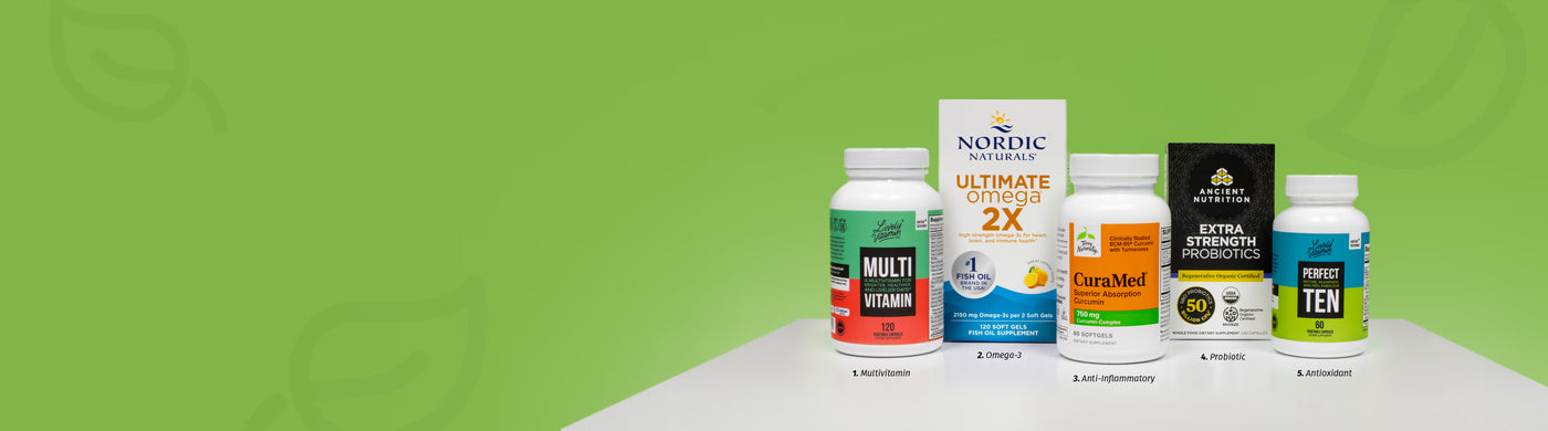 Five dietary supplements displayed on a white surface against a green background. From left to right: a multivitamin by Lively Vitamin Co, Nordic Naturals Ultimate Omega 2X fish oil, CuraMed curcumin anti-inflammatory, Ancient Nutrition Extra Strength Probiotics, and Lively Vitamin Co’s Perfect TEN antioxidant.