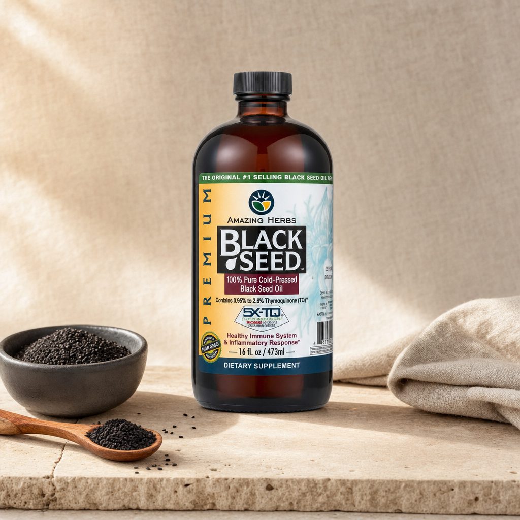 Amazing Herbs Black Seed Oil 16 oz side label with product details