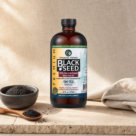 Amazing Herbs Black Seed Oil 16 oz side label with product details