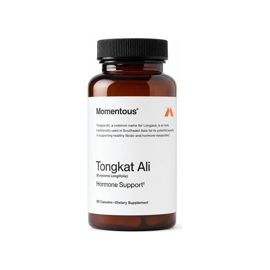 Momentous Tongkat Ali Capsules bottle front label, 60 capsule botanical supplement
