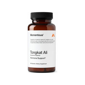 Momentous Tongkat Ali Capsules bottle front label, 60 capsule botanical supplement