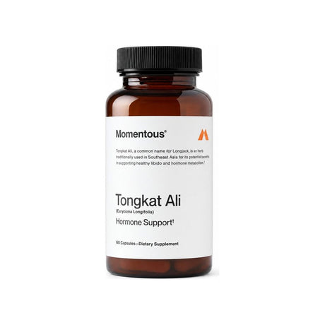 Momentous Tongkat Ali Capsules bottle front label, 60 capsule botanical supplement