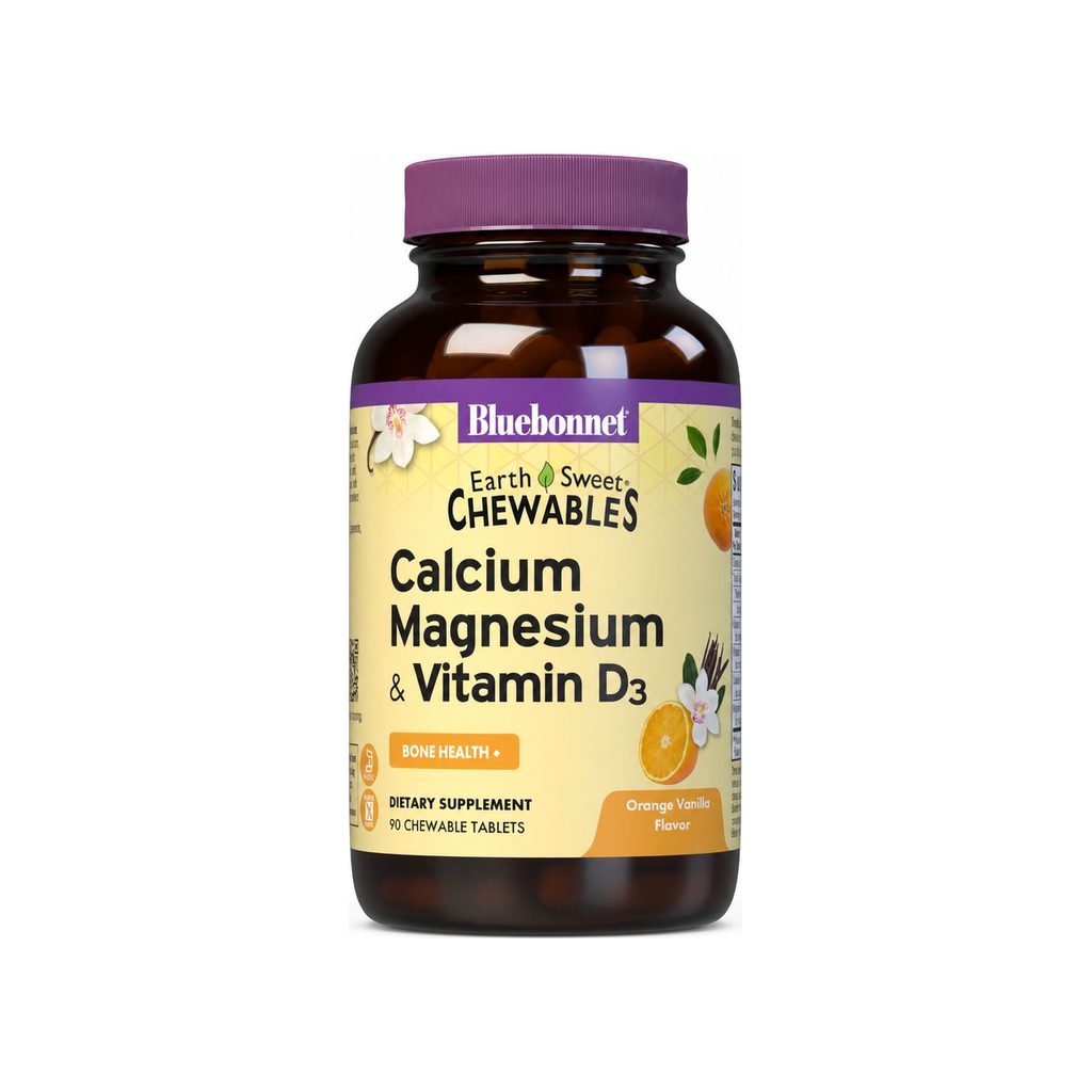 Bluebonnet EarthSweet Calcium Magnesium D3 Orange Vanilla 90 chewable tablets bottle front label