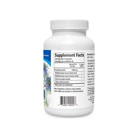 North American Herb & Spice Raw Black Seed Plus supplement facts panel with ingredients and serving size