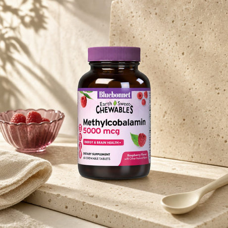 Bluebonnet EarthSweet Chewables Methylcobalamin 5000 mcg bottle side panel with supplement facts