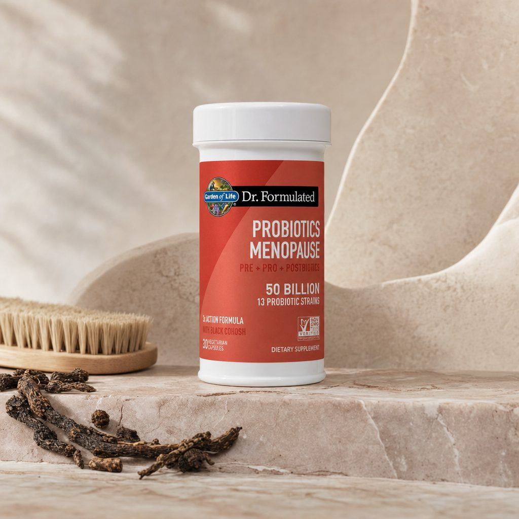 Garden of Life Dr. Formulated Probiotics Menopause with woman in calm lifestyle scene