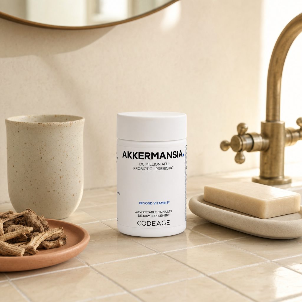 Codeage Akkermansia Capsules bottle with supplement lifestyle display