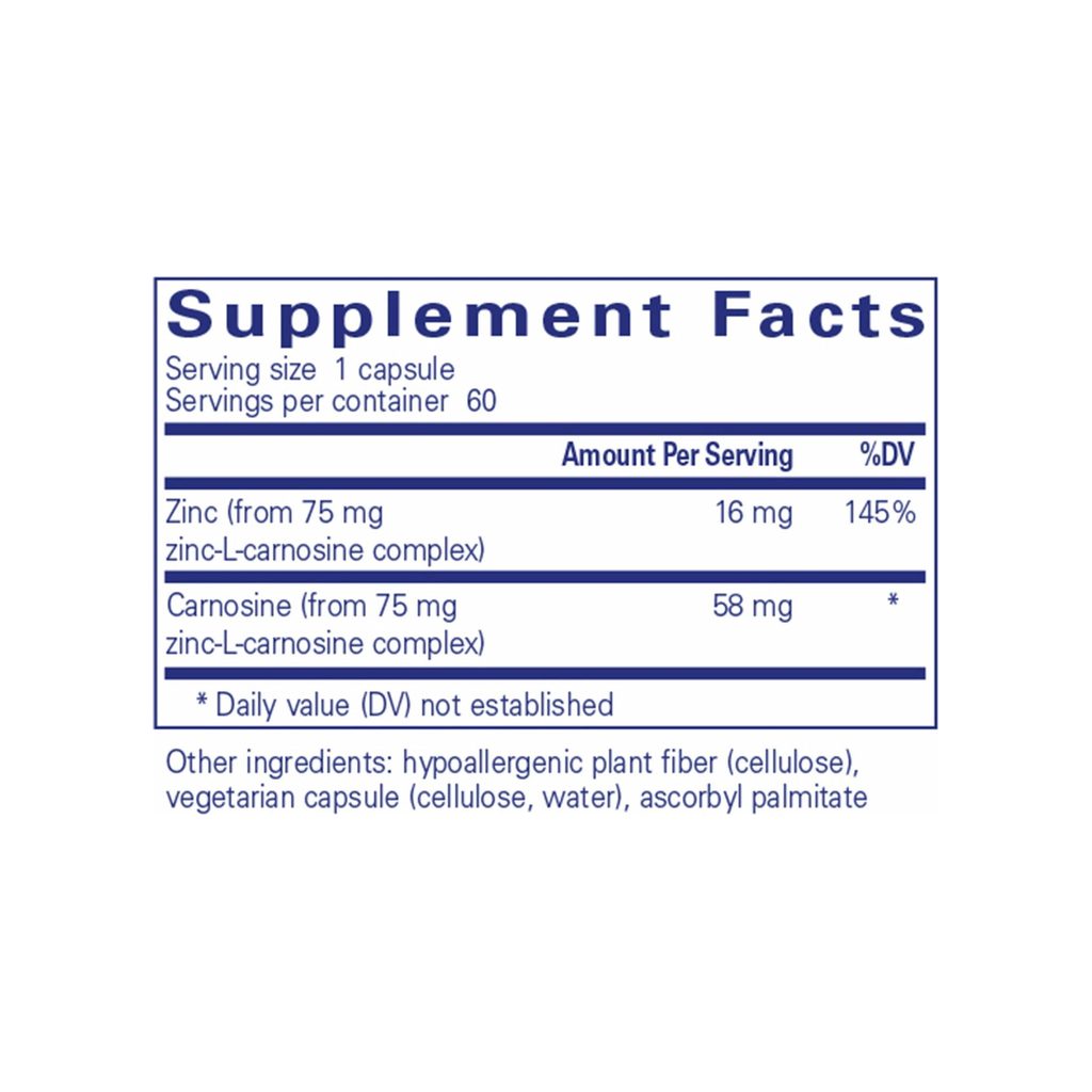 Pure Encapsulations Peptic-Care supplement facts panel listing ingredients, dosage, and serving size