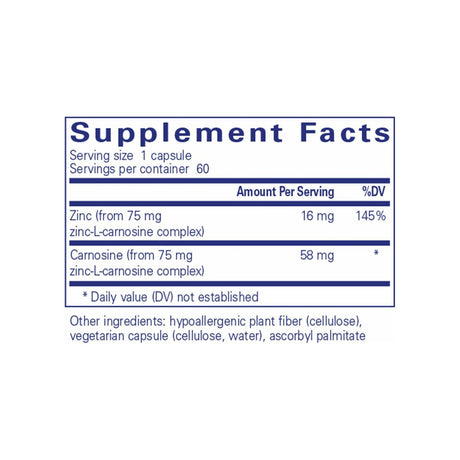 Pure Encapsulations Peptic-Care supplement facts panel listing ingredients, dosage, and serving size