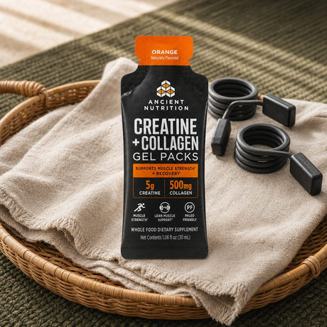 Ancient Nutrition Creatine + Collagen Gel Packs Orange pouch displayed for portable use